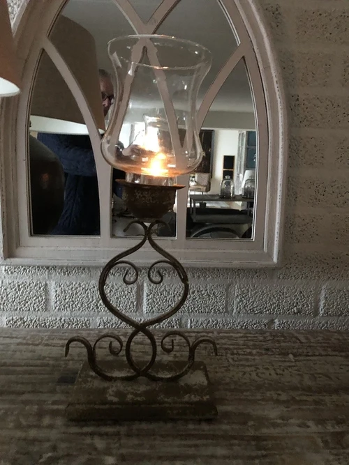 Candlestick, storm lantern, metal-glass, beautiful ironwork in old green-white-rust.