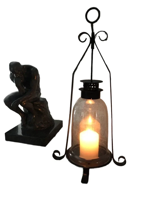 Candlestick, storm lantern, metal-glass, black, beautiful wrought ironwork.