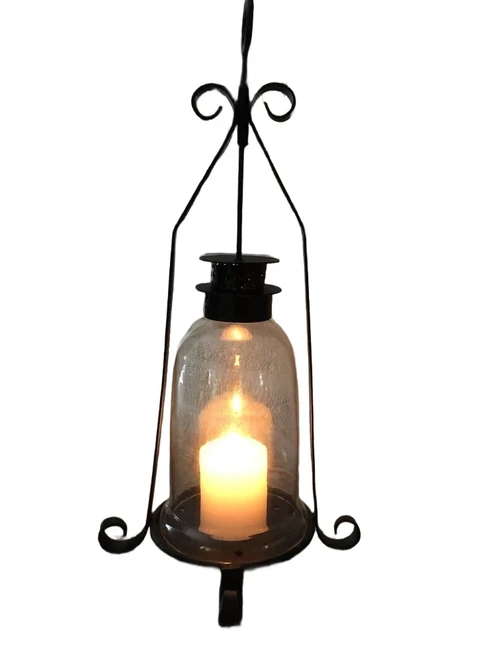 Candlestick, storm lantern, metal-glass, black, beautiful wrought ironwork.