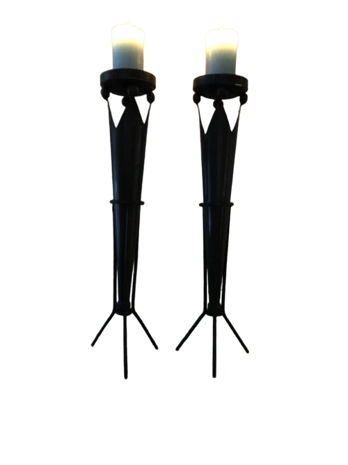 Set of beautiful standing metal castle torches with crown