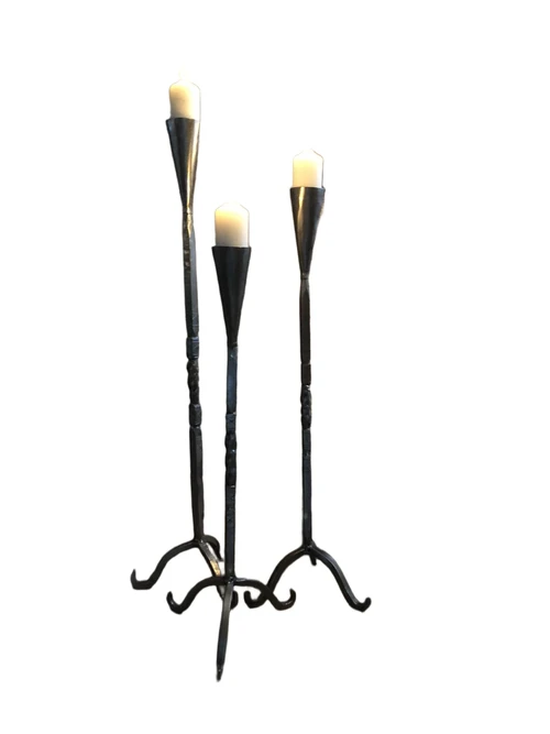 Set of 3 beautiful wrought iron candlesticks, 1 arm, beautiful ornate ironwork!
