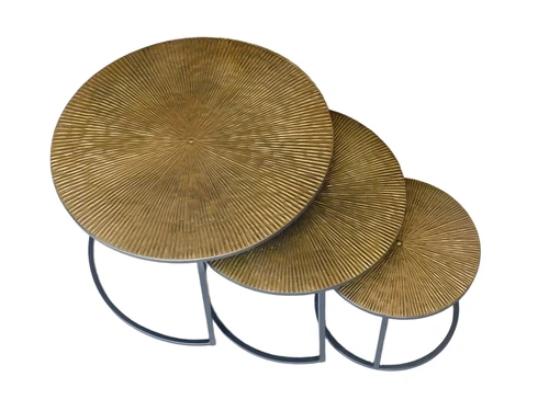 Set of 3 Tables - round - gold with black metal base