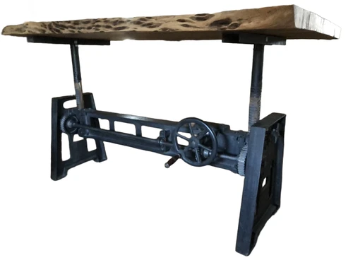 UNIEK EN HEEL FRAAI IS DEZE BOOMSTAMTAFEL MET GIETIJZEREN ONDERSTEL, IN HOOGTE DRAAIBAAR !!
