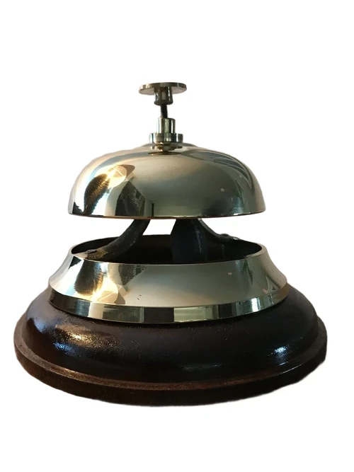 Classic Hotel Reception Desk Bell – Brass on a Wooden Base