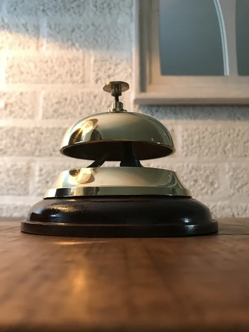 Classic Hotel Reception Desk Bell – Brass on a Wooden Base