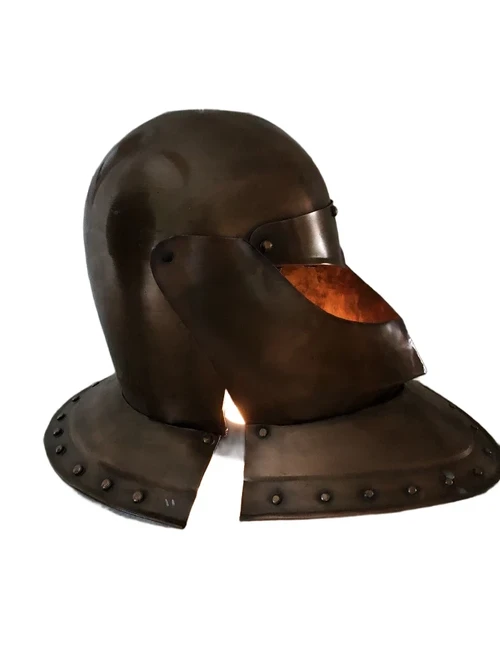 Knight's helmet copper, with folding visor.