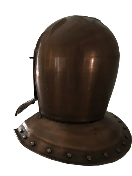 Knight's helmet copper, with folding visor.