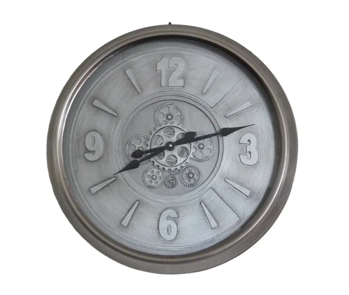 Large wall clock with rotating gears - silver gray
