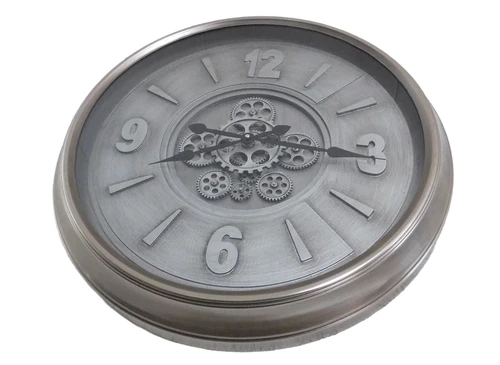 Large wall clock with rotating gears - silver gray