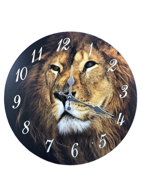 Wooden clock with image of a lion.