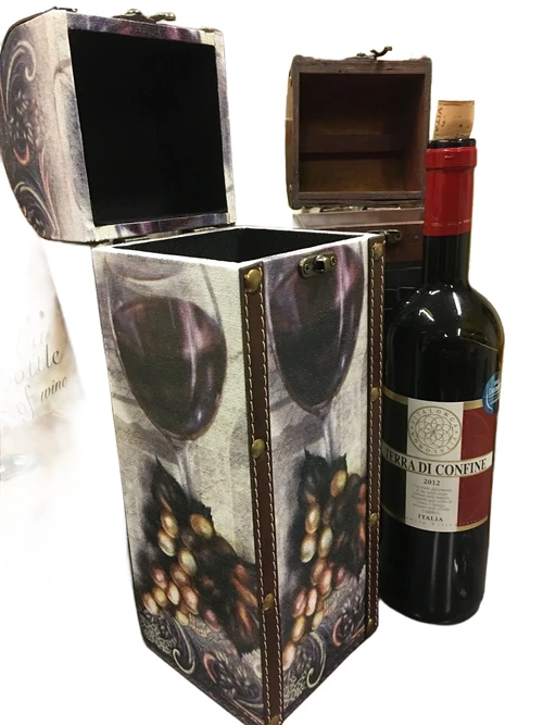 1 houten kist voor een fles wijn, rechtop, hout met canvas afbeelding wijn + druif