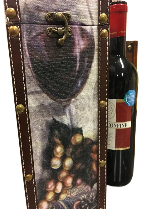 1 houten kist voor een fles wijn, rechtop, hout met canvas afbeelding wijn + druif