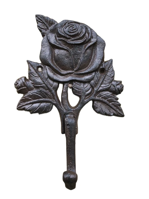 Coat rack with a rose, coat rack in cast iron, antique, brown