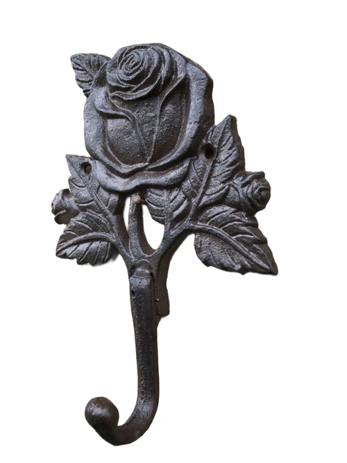 Coat rack with a rose, coat rack in cast iron, antique, brown