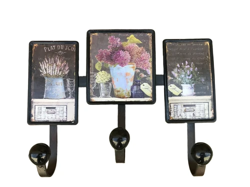 Coat rack, 3 plates with floral motif, made of metal, as a towel holder / clothes hook