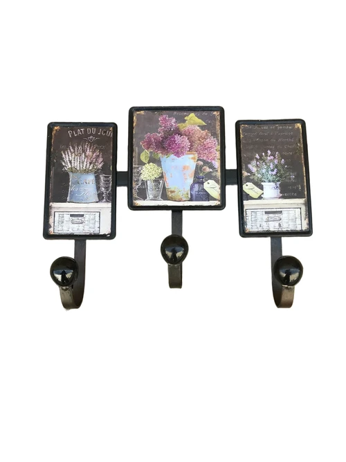 Coat rack, 3 plates with floral motif, made of metal, as a towel holder / clothes hook