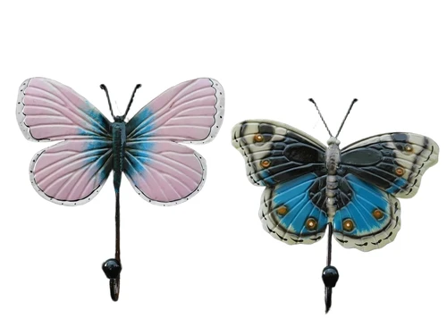 Set van 2: kapstok vlinders - blauw & roze - handgemaakt van metaal