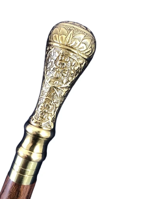 Walking stick, with brass decorative knob and hand-carved handle, beautiful!!!