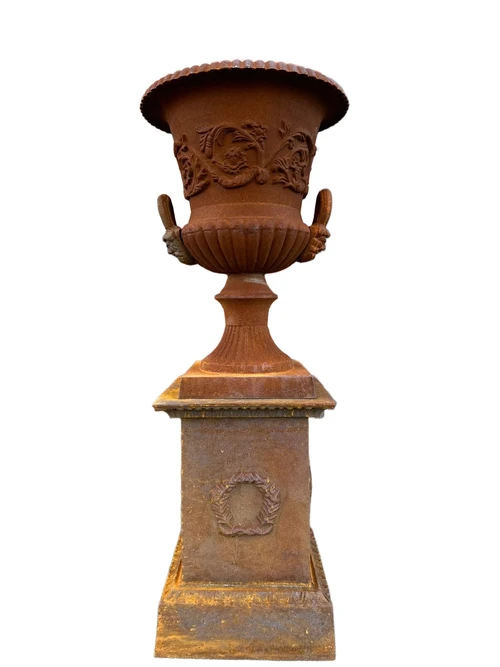 Large garden vase on column XL - all cast iron - oxide