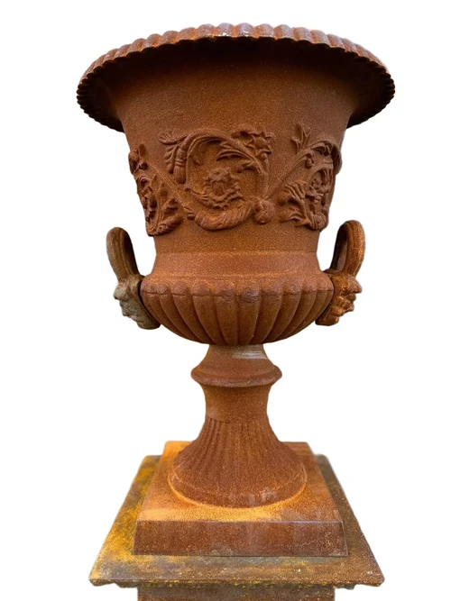 Large garden vase on column XL - all cast iron - oxide