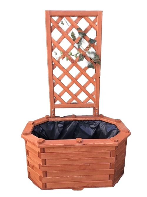 Bloembak, plantenbak, van massief hout met prachtig bewerkte pergola