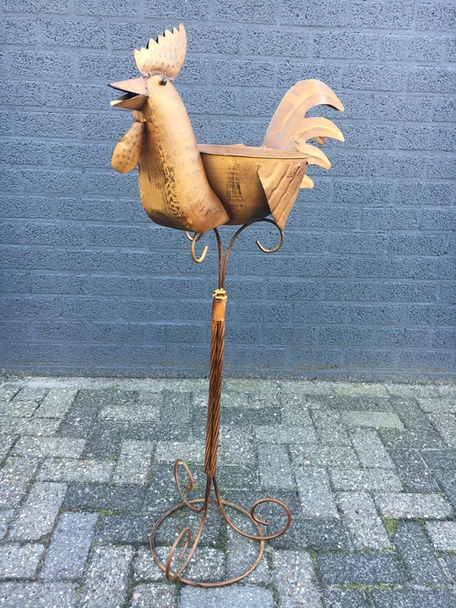 Large decorative rooster with bowl, metal