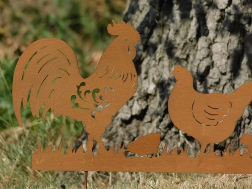 Gartenstab - Hahn, Henne und Küken - Metall in Rostfarbe