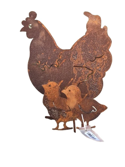 Gartenstab, Silhouette eines Huhns mit seinen Küken, Metall