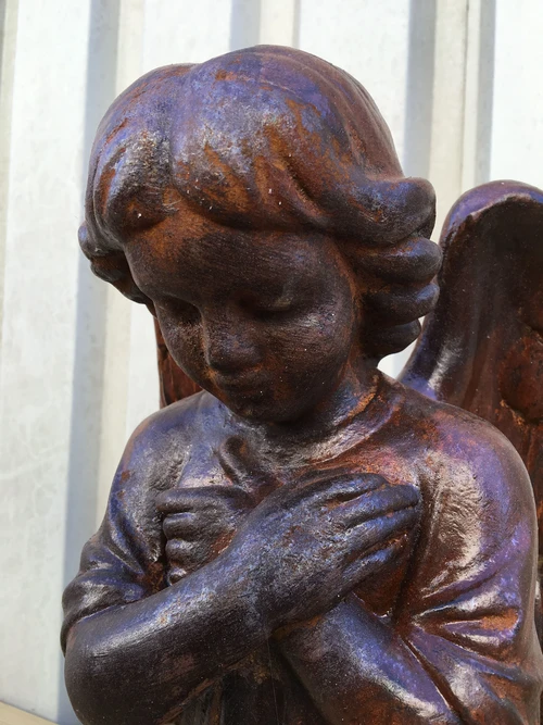 Sculpture: Kneeling Angel – Solid Stone in Oxide
