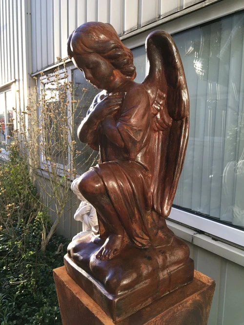 Sculpture: Kneeling Angel – Solid Stone in Oxide