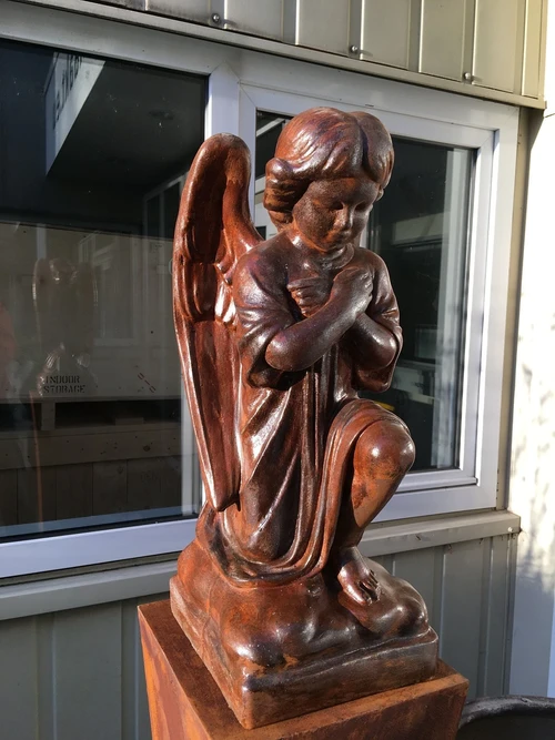 Sculpture: Kneeling Angel – Solid Stone in Oxide