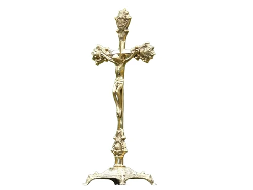 Jezus aan het kruis, messing INRI op voet.