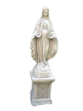 Mary statue on pedestal, garden statue of solid cast stone, beautifully designed heavy statue.