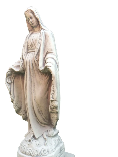 Mary statue on pedestal, garden statue of solid cast stone, beautifully designed heavy statue.
