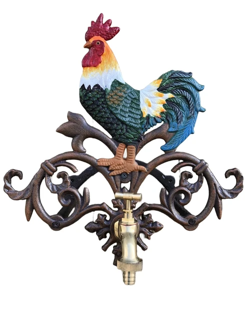 1 water hose holder rooster, cast iron with brass tap in color, beautiful.
