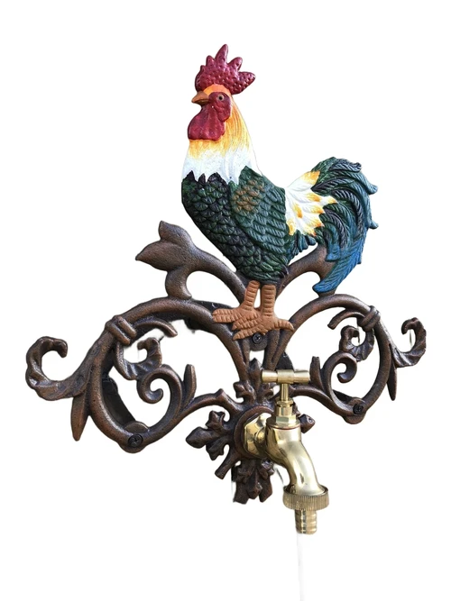 1 water hose holder rooster, cast iron with brass tap in color, beautiful.