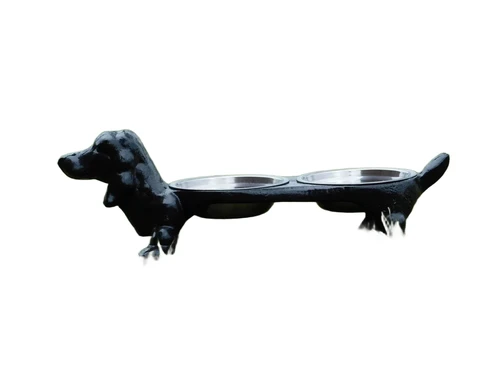 Dog as drinking and feeding bowl - cast iron - stainless steel trays - black