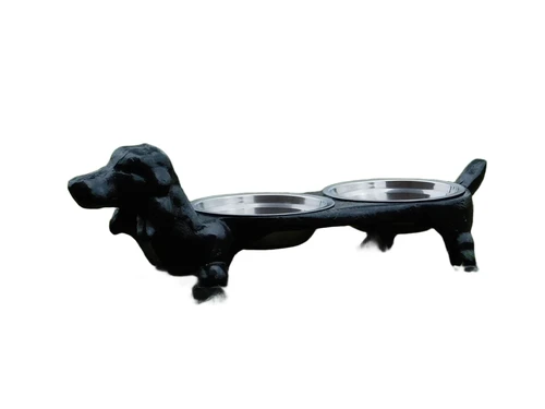 Dog as drinking and feeding bowl - cast iron - stainless steel trays - black