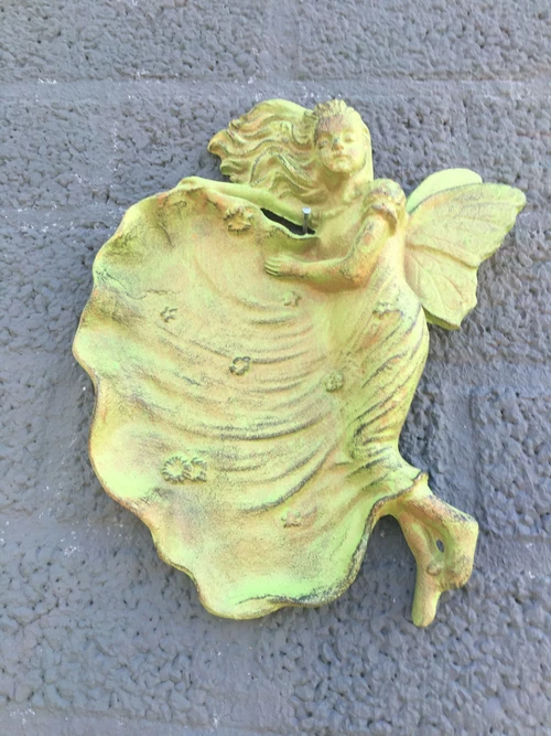 Wall ornament / birdbath angel, cast iron green