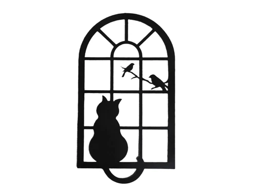 Wall ornament cat with birds - metal - brown