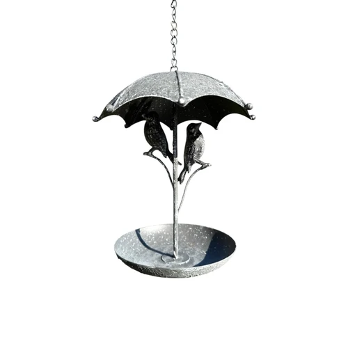 Elegant Bird Bath with Birds and Umbrella - Metal