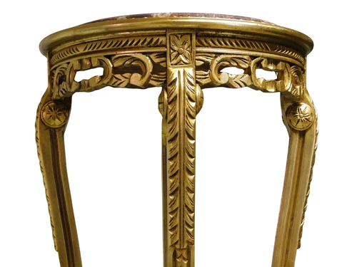 Vintage Pedestal Table with Marble Top - 110 cm - Gold-coloured