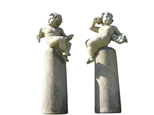 Vintage Set van 2 Putti op Sokkel – 130 cm – Gietsteen