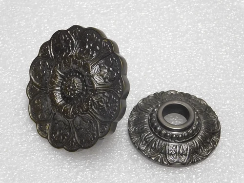 Solid Flower Door Knob with Rosette - Dark Patinated Brass