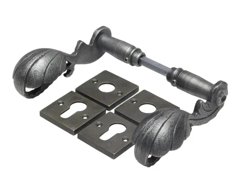 Vienna Handle Set + Square Handle and Lock Rosettes - Galvanised Cast Iron