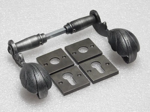 Vienna Handle Set + Square Handle and Lock Rosettes - Galvanised Cast Iron