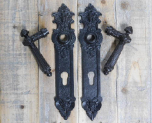Türklinken Historismus mit Engel-Langschild - wie antik Replikate Gründerzeit dunkel braun