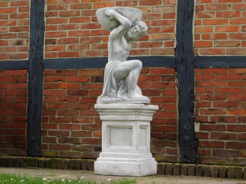 Statue Atlas with Bulb + Flowerpot on Pedestal - 170 cm - Stone