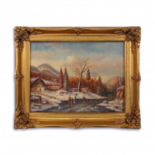 Olieverf schilderij in lijst, schaatsen in een oud winters landschap.