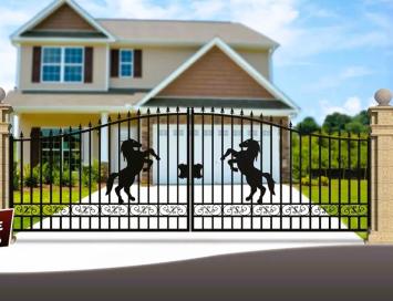 Beautiful black wrought iron gate – 547 cm wide – with rearing horse